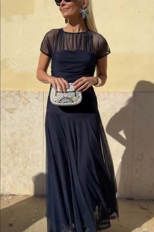 Chic Illusion Yoke Short Sleeve Flowy Long Dress
