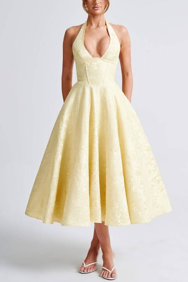 Halter Deep V Jacquard Waisted Midi Evening Dress