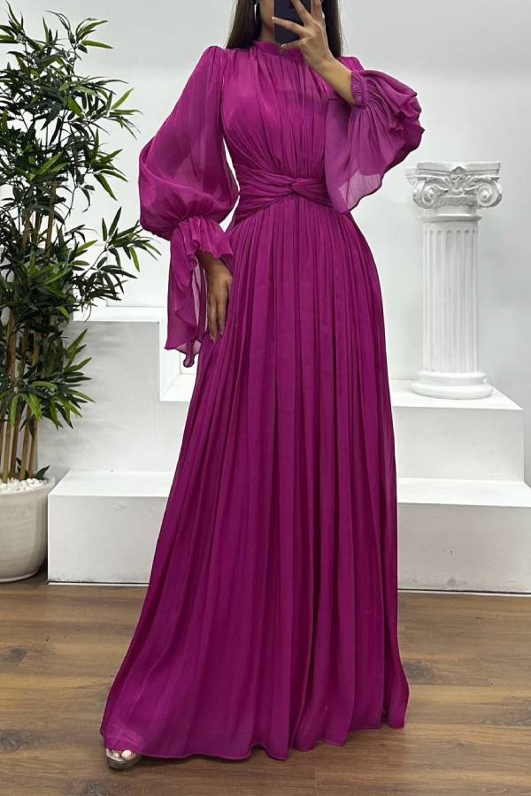 High‑Neck Puff Long Sleeve Twist Waist Shiny Pleated Maxi Gown