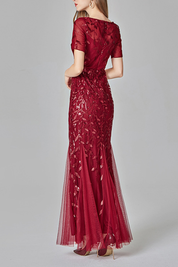 Short‑Sleeve Sequin Tulle Mermaid Evening Gown Maxi Dress