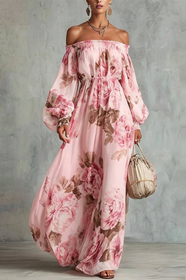 Off‑Shoulder Big Floral Print Lantern Sleeve Chiffon Maxi Dress