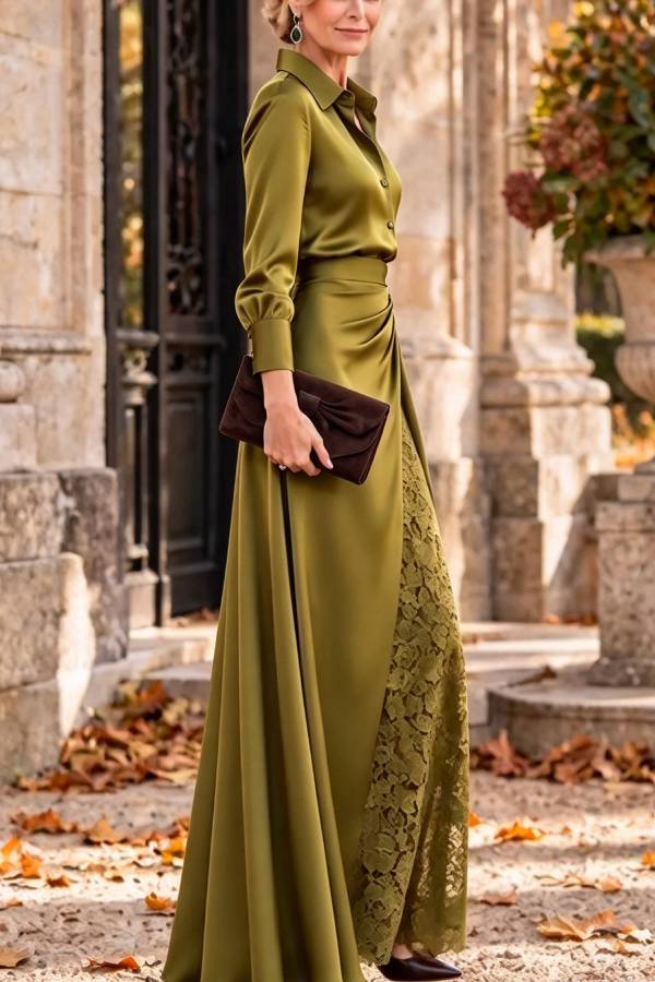 Jazmine Satin Long Sleeve Blouse and High Rise Slit Lace Maxi Skirt Set