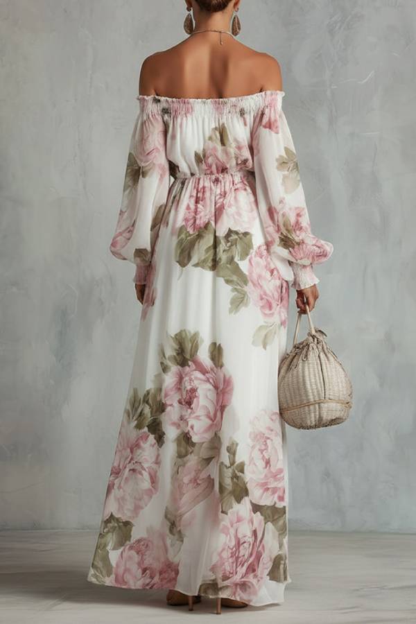 Off‑Shoulder Big Floral Print Lantern Sleeve Chiffon Maxi Dress