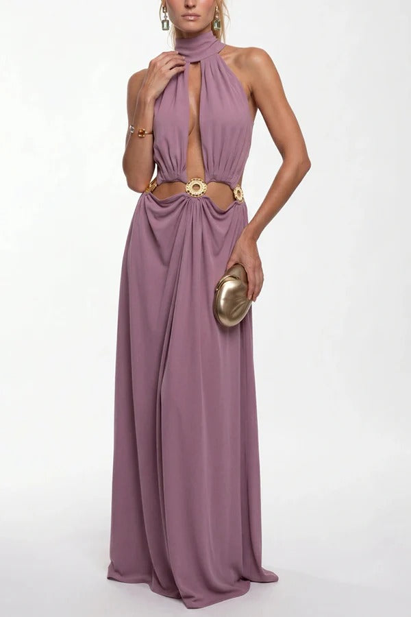 Arkos High Neck Cut-out Gold-plated Metal Emblems Backless Maxi Dress