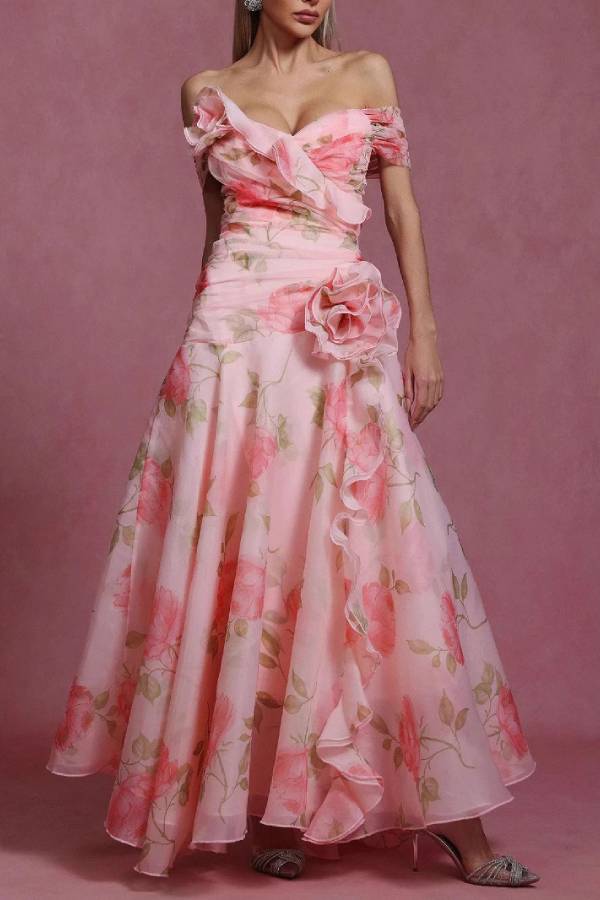 Pink Rose Print Off-the-Shoulder Gown with 3D Floral Detail