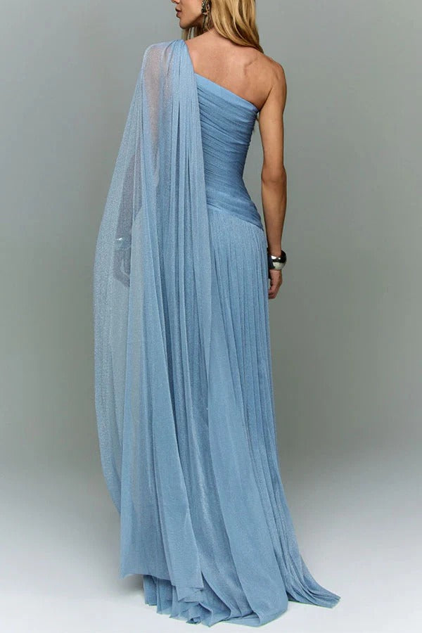 Maison Lurex Shimmer Ethereal One-Shoulder Draped Maxi Dress
