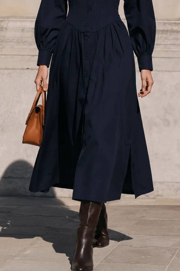 Navy Corset Waist Shirt Midi Dress