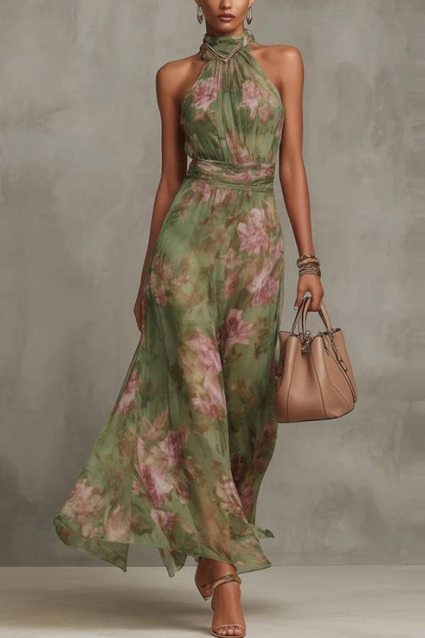 Halter Neck Watercolor Floral Print Chiffon Maxi Dress
