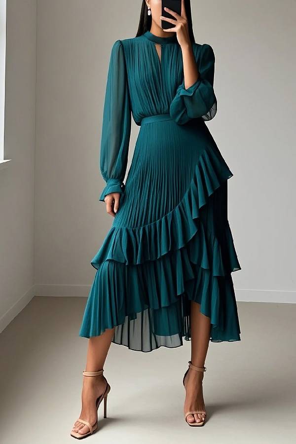 Mock Neck Cut‑Out Pleated Ruffle Long‑Sleeve Midi Dress