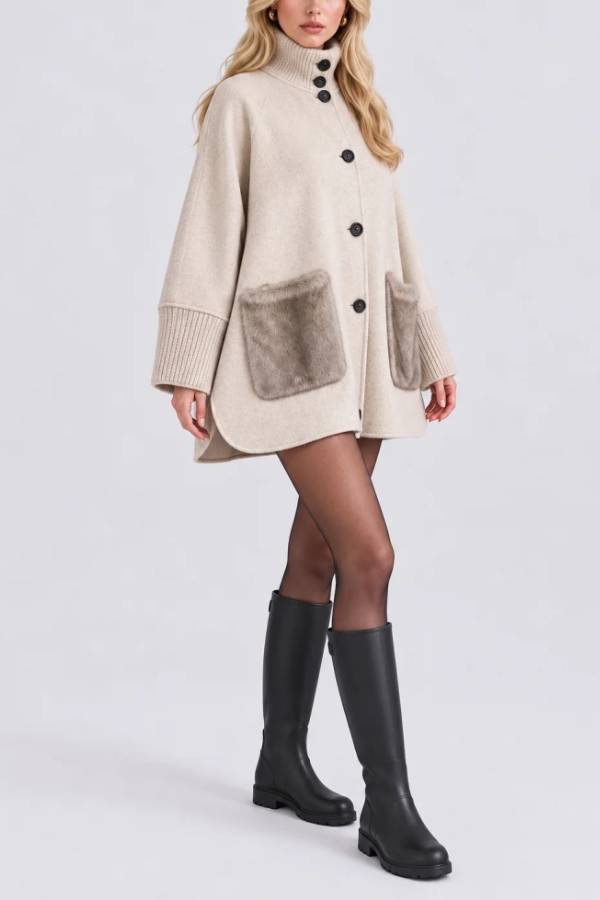 High Neck Button Up Swing Cape Coat with Faux Fur Patch Pockets