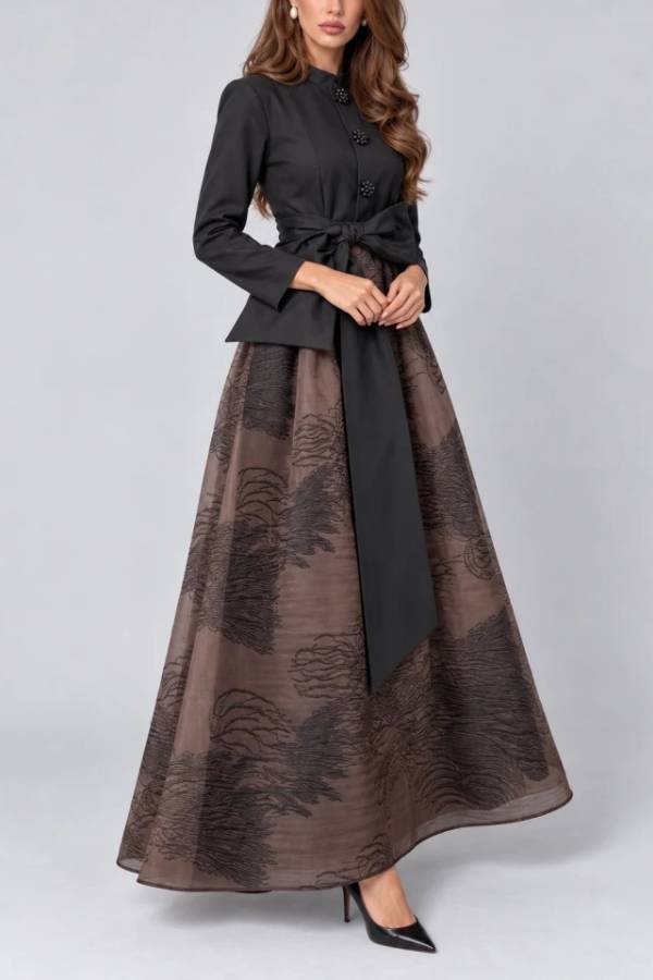 Elegant Black Long Sleeve Bow Belted Shirt Dress with Floral Buttons