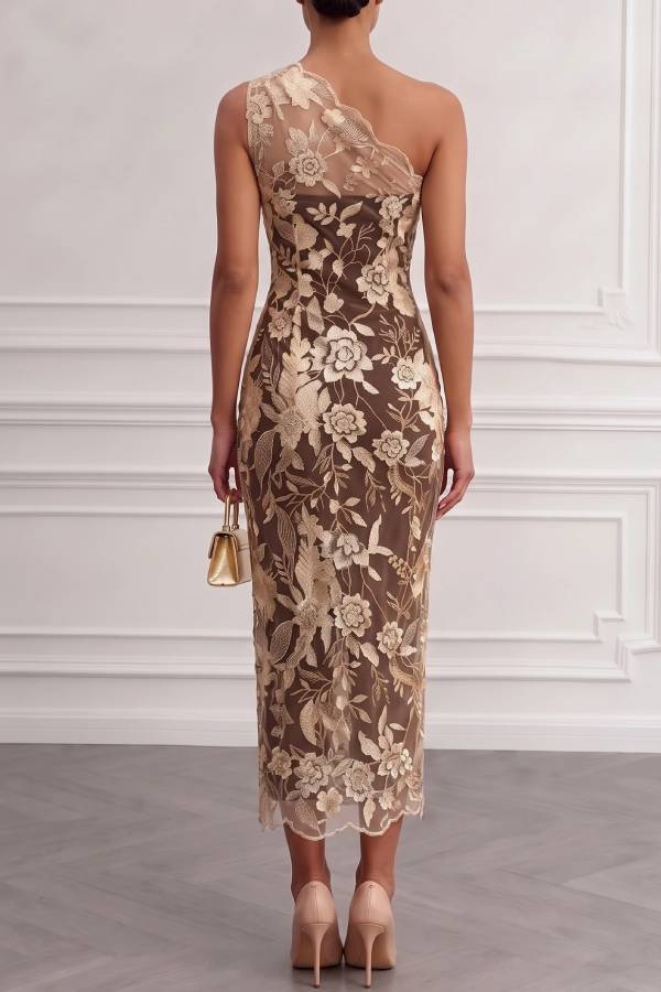 Brown Floral Lace One Shoulder Sleeveless Midi Dress