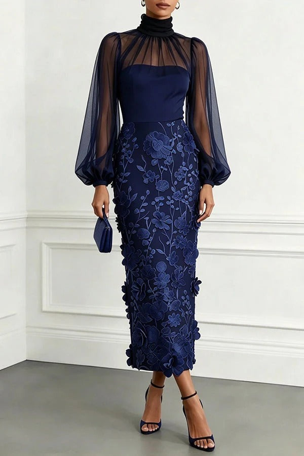 Tanie Tulle High Neck Long Lantern Sleeve 3D Floral Appliqués Hem Midi Dress