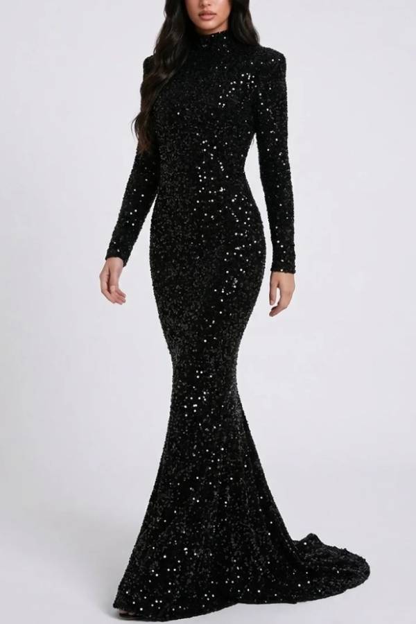 Black Sequin High Neck Long Sleeve Mermaid Maxi Evening Dress