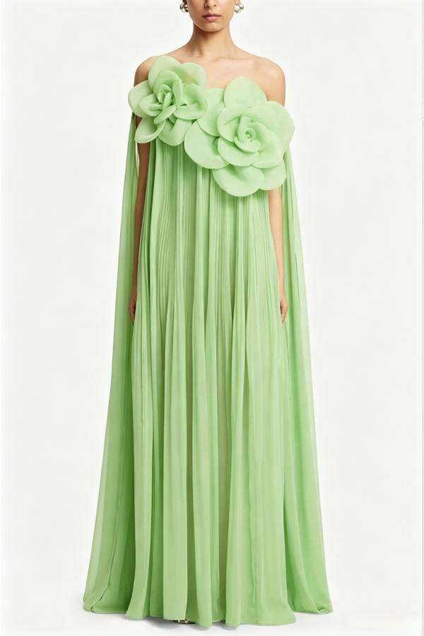 Jaclyn Sheer Tulle 3D Floral Embellishments Sculpted Pleated Strapless Maxi Dress