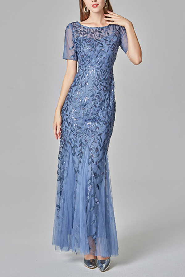 Short‑Sleeve Sequin Tulle Mermaid Evening Gown Maxi Dress