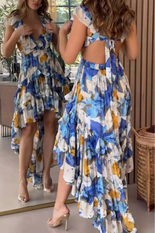 Deep V Ruffle Back Tie Irregular High Low Tiered Floral Maxi Dress