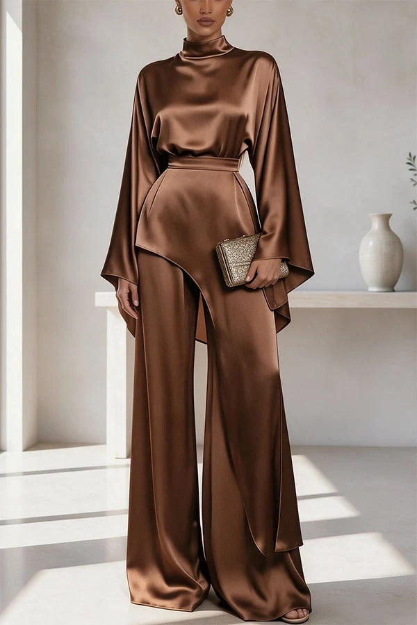 Satin High Neck Flare Sleeve Top and High Rise Asymmetric Design Wide Leg Pants Set
