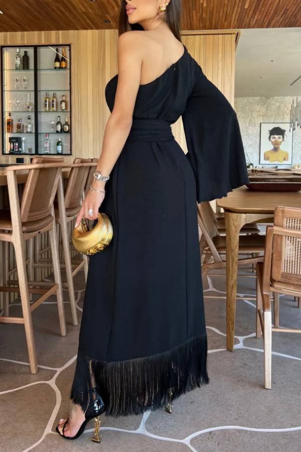 One‑Shoulder Bell Sleeve Fringe Midi Evening Dress
