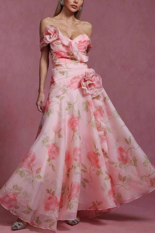 Pink Rose Print Off-the-Shoulder Gown with 3D Floral Detail