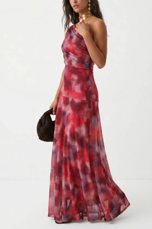 Women's One Shoulder Draped Mesh Maxi Dress in Abstract Print