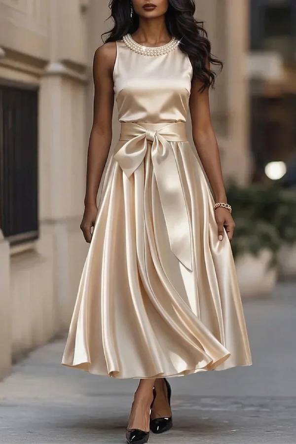 Elegant Ivory Sleeveless Satin Midi Dress with Pearl Neckline and Bow Waist