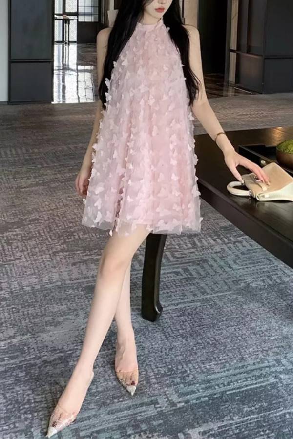 3D Embellished Halter Neck Backless Dress