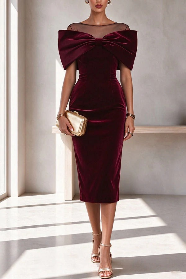 Martini Moment Velvet Wide Neck Oversized Bow Midi Dress