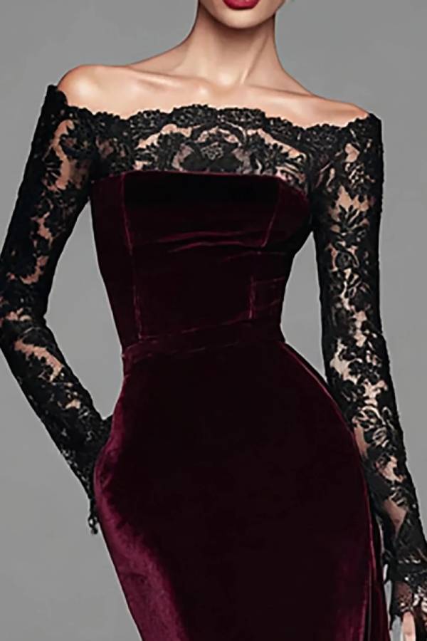 Burgundy Velvet Lace Sleeves Off Shoulder Mermaid Gown Maxi Dress