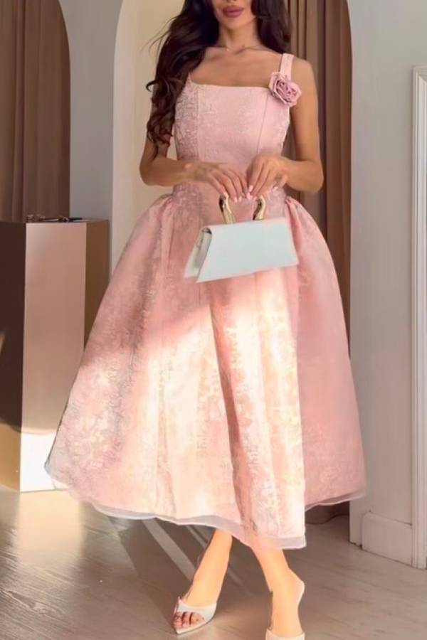 Square Neck Midi Ball Gown with 3D Rose Applique