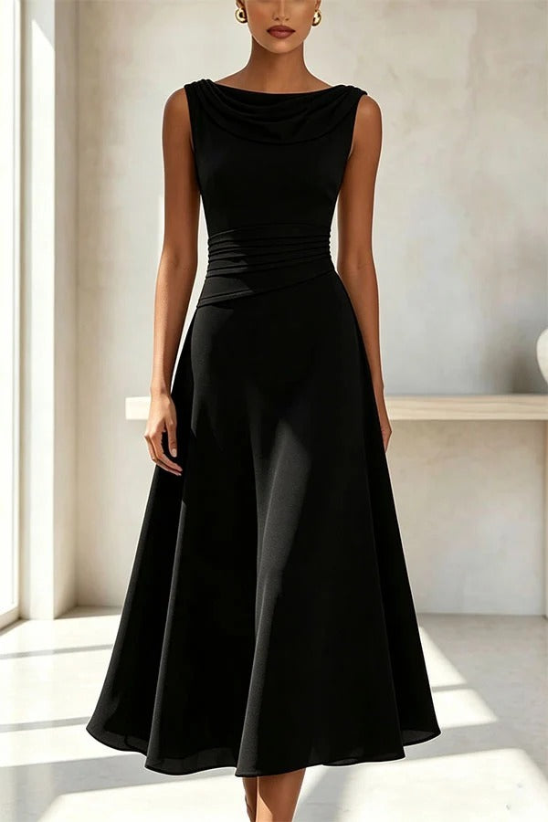 Solid Color Swing Collar Sleeveless Elegant Fitted Waist Full Hem Midi Dress