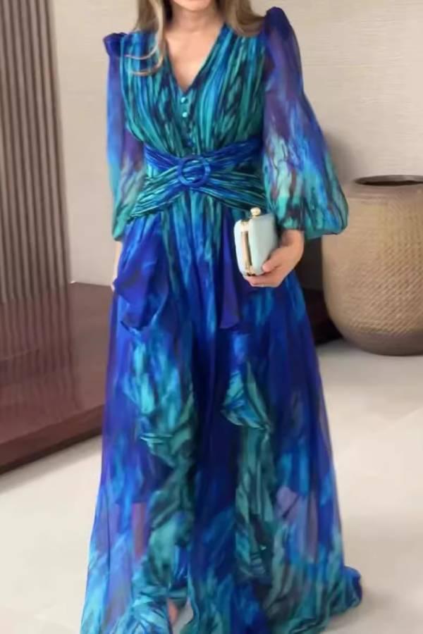 Blue Green Tie Dye Chiffon Maxi Dress V Neck Puff Sleeve Belted Ruffle Evening Gown