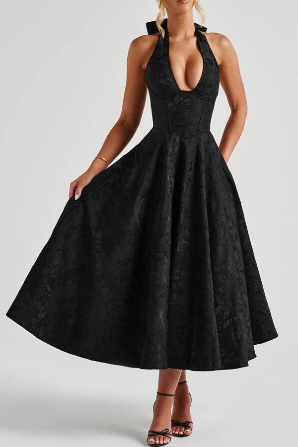 Halter Deep V Jacquard Waisted Midi Evening Dress