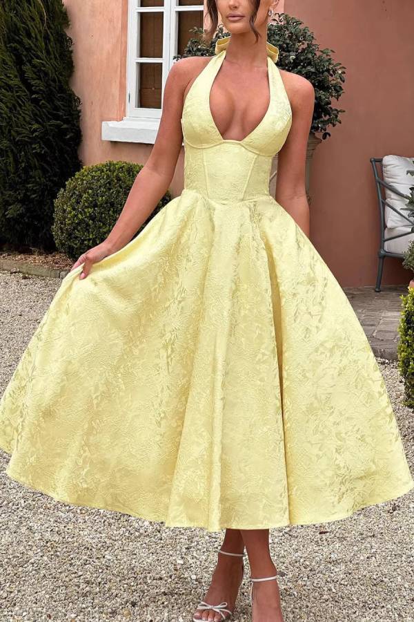 Halter Deep V Jacquard Waisted Midi Evening Dress