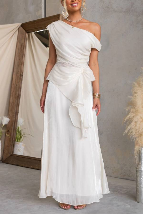 One‑Shoulder Twist Ruffle Shiny Formal Maxi Dress