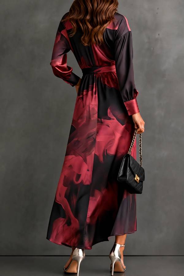 Black Red Abstract Print Wrap Collared Long Sleeve Tie‑Waist Hem Party Maxi Dress