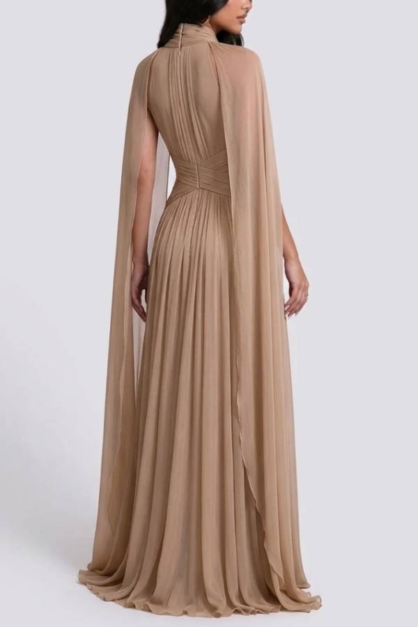 High Neck Pleated Cape Sleeve Chiffon Maxi Evening Dress