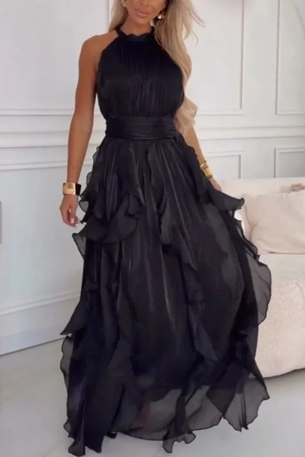 Clara Shimmer Fabric High Tie-up Neck Sleeveless Layered Ruffles Hem Maxi Dress