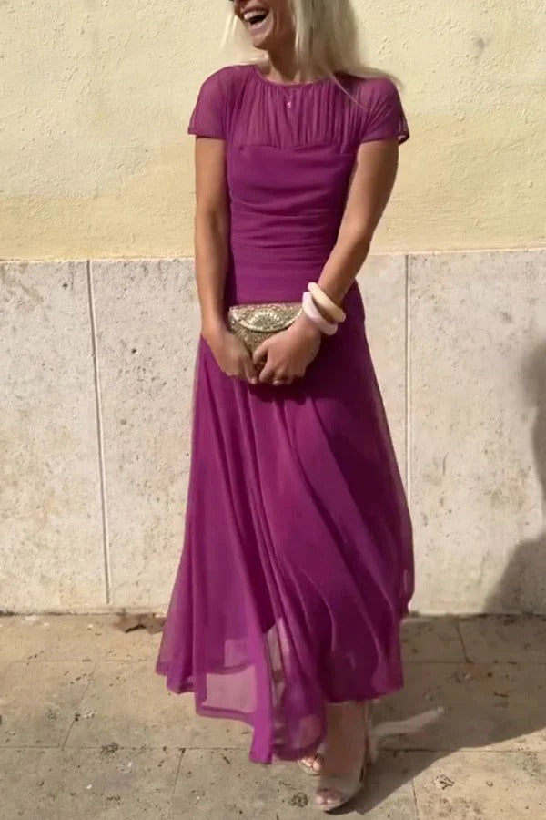 Chic Illusion Yoke Short Sleeve Flowy Long Dress