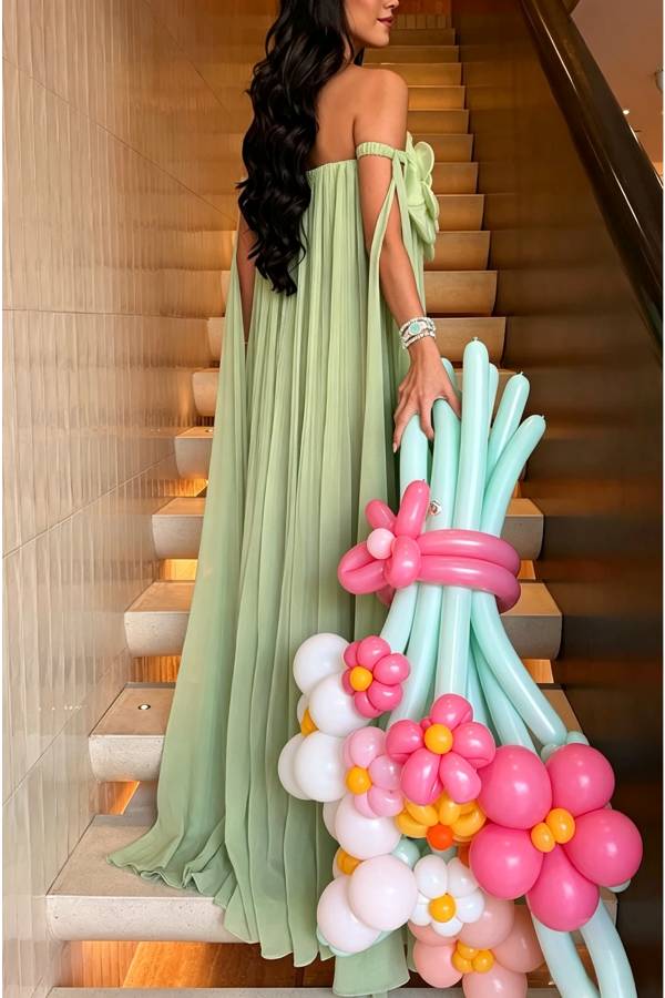 Jaclyn Sheer Tulle 3D Floral Embellishments Sculpted Pleated Strapless Maxi Dress