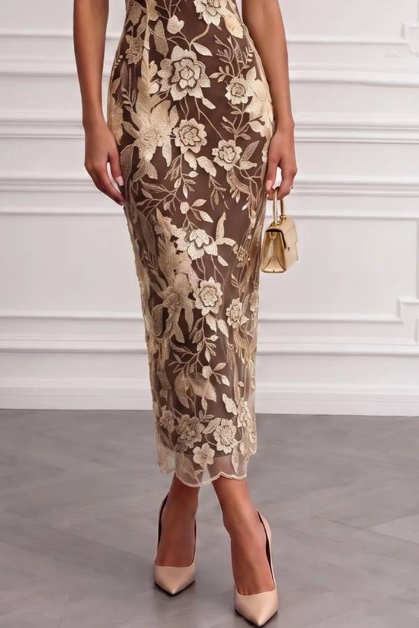Brown Floral Lace One Shoulder Sleeveless Midi Dress