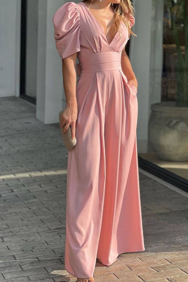 V-Neck Puff-Sleeve Waisted Wide-Leg Jumpsuit
