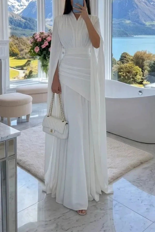 Luxury Cape Sleeve V-Neck Pleated Maxi Dress