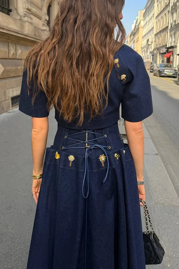 Custom Look Denim Unique Metal Pattern Buttons Slit Half Sleeve Crop Jacket