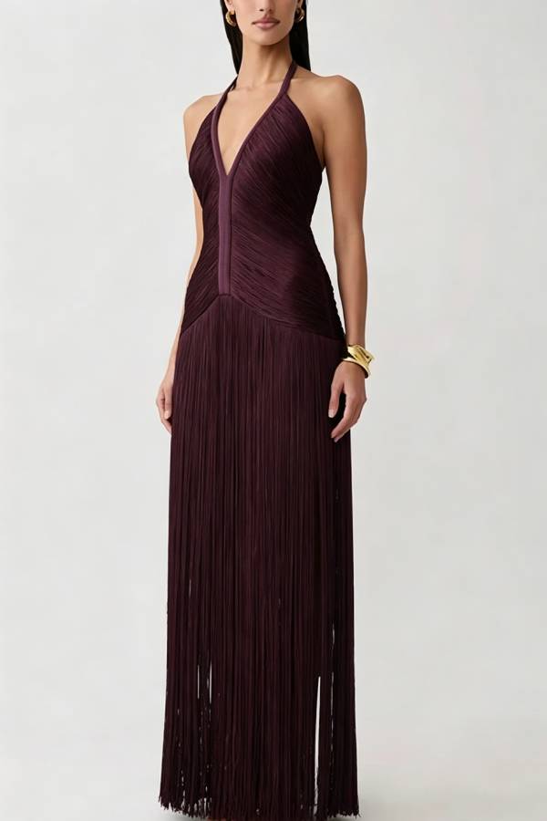 Rhythmic Aesthetic Appeal Tassel Helter V-neck Sleeveless Drape Hem Maxi Dress