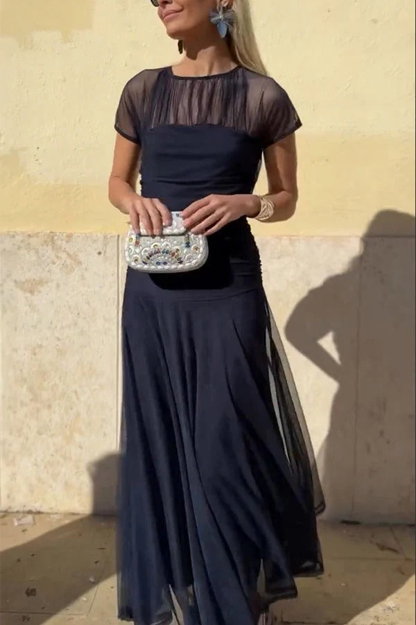 Chic Illusion Yoke Short Sleeve Flowy Long Dress