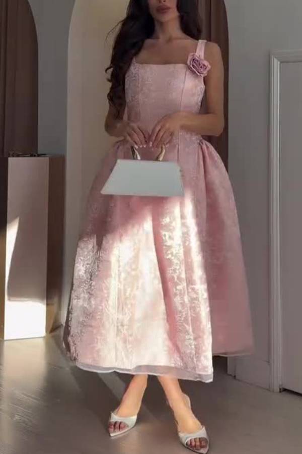 Pink 3D Floral Jacquard Midi Evening Dress