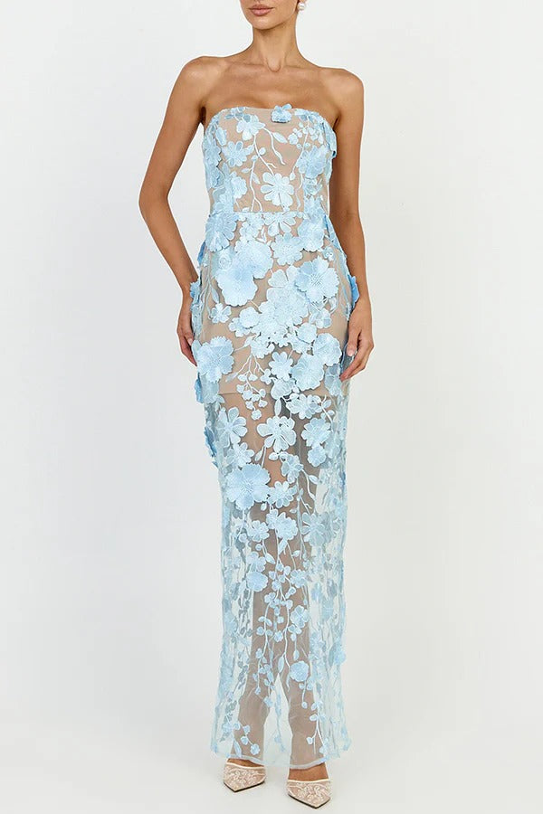 Sienna Floral Embroidered Fabric Off Shoulder Mermaid Silhouette Slit Maxi Dress