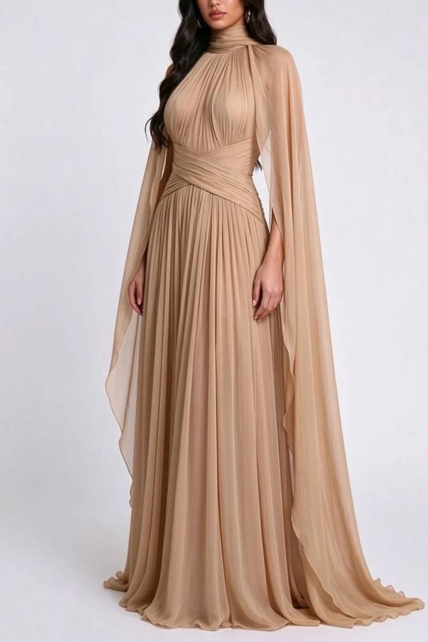 High Neck Pleated Cape Sleeve Chiffon Maxi Evening Dress