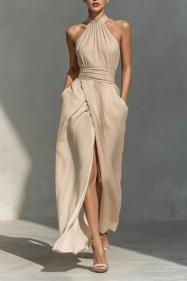 Halter Cross-Wrap Waist Slit Maxi Dress
